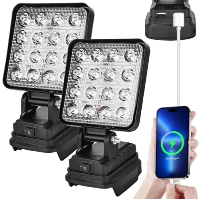 Imagen de 2 luces LED de trabajo recargables con batería para Makita 18 V, 27 W, carga USB, foco portátil LED, batería, construcción, lámpara V