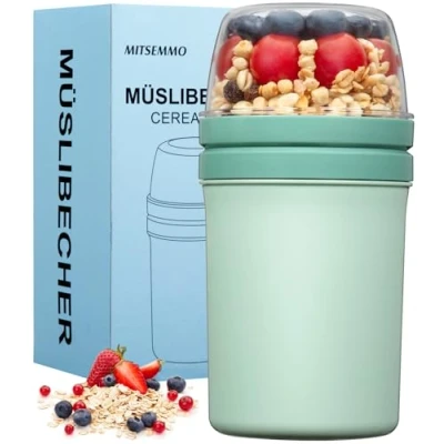 Imagen de taza de cereales para llevar 600 ml + 270 ml, vaso yogur niños con cuchara, cereales, llevar, recipiente fiambrera desayuno, caja