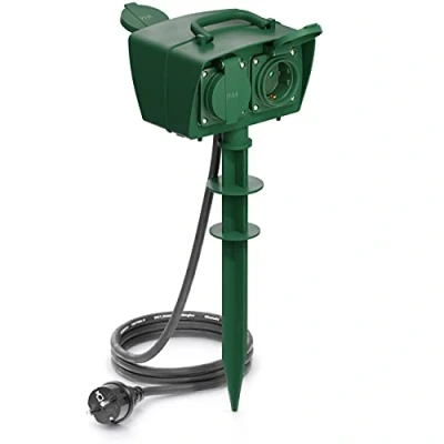Imagen de deleyCON 4x Tomas de Corriente con Estaca Distribuidor para Exteriores Contacto Tierra a Protección Niños IP44 Prueba Salpicaduras Resistente la Intemperie 1,4m