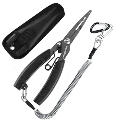 Imagen de supregear Alicates de Pesca, Alicate Pesca Multifuncional Ligero Acero Inoxidable con Mango ABS, Cortador Sedal, Herramienta para Quitar Anzuelos Cordón y Funda Nylon, Negro
