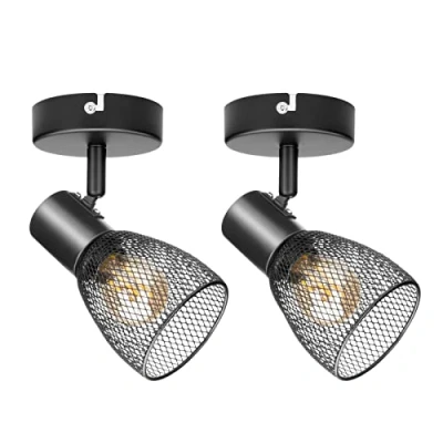 Imagen de Dehobo Focos para el Techo E14, 2 x Lámparas de Pared Giratorios Negro, Foco Interior Iluminación LED con Pantallas Malla Metálica Dormitorio Cocina Pasillo (Sin bombillas E14)