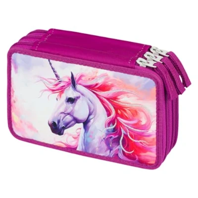 Imagen de Baagl Estuche de 3 compartimentos para niños y niñas, escolar, lápices, Unicornio Real,