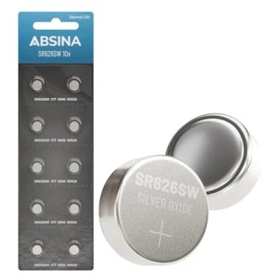 Imagen de ABSINA SR626SW pilas para reloj (1,55 V, óxido de plata, 10 unidades, botón a prueba fugas y larga duración) 377/SR66/SR626/626/AG4 Batería