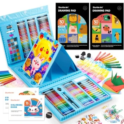 Imagen de Shuttle Art 335 Piezas Maletin Pinturas para Niños, Juegos de Dibujo, Kit Arte Regalo con Caballete Tríptico, Blocs, Libros Colorear, Pastel, Ceras, Acuarelas, Lápices Colores (Azul)