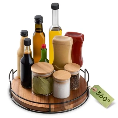 Imagen de Praknu Especiero Giratorio Madera de Acacia FSC® Sostenible Organizador Armario y Cocina Bandeja 360 Base Antideslizante 28 cm