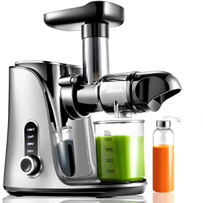 Imagen de AMZCHEF Licuadora para Verduras y Frutas con 2 Modos de Velocidad Prensado en Frio Función Inversa Extractor Zumos Botella Portátil Tazas Plata Juicer