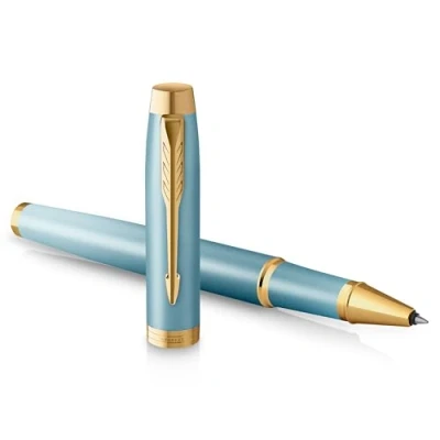 Imagen de Bolígrafo roller Parker IM Writing Rituals, acabado verde con degradado, adornos dorados, punta fina, tinta negra, estuche de regalo