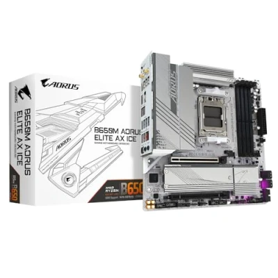 Imagen de Gigabyte Placa Base B650M AORUS Elite AX Ice Compatible con CPU AMD Ryzen 8000, VRM Digital de 12+2+2 Fases, hasta 8000 MHz DDR5 (OC), 1 PCIe 5.0 + 4.0 M.2, Wi Fi 6E, LAN 2.5 GbE, USB 3.2