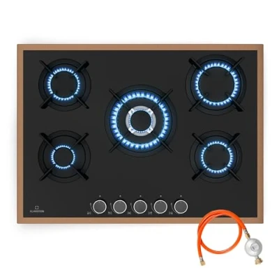 Imagen de Klarstein Lumiflame Placa de Gas, 5 Quemadores, 10,4kW, Marco Cobre, Cristal Resistente, Autoencendido Eléctrico, FFD Seguro, Compatible GLP/Gas Natural, Encimera Gas Elegante