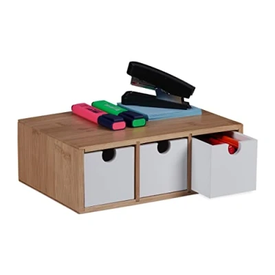 Imagen de Relaxdays Cajonera Organizador de Escritorio 3 Cajones, Minicajonera Bambú y MDF, 9 x 26 18 cm, Multiusos, Natural/Blanco