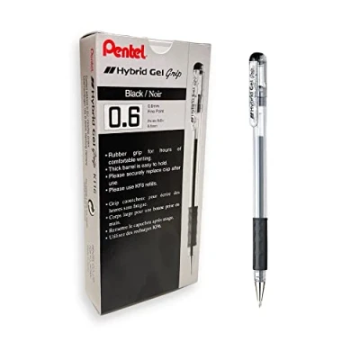 Imagen de Pentel Bolígrafo de gel con agarre y punta redonda 0,6 mm, línea negra 0,3 color negro 12 unidades