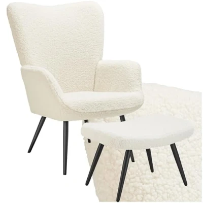 Imagen de TecTake® Sillón Orejero Estilo Escandinavo, Butaca de Salón con Taburete, Tapizado en Tejido Bouclé, Lectura Respaldo Ergonómico, Mueble Salón, Topes Patas, hasta 150kg Crema/Negro
