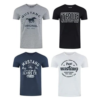 Imagen de Mustang Camiseta de Manga Corta para Hombre, Paquete 4 Unidades, con Estampado Frontal, Cuello Redondo, Regular, 100% algodón, Mezcla Colores (P20), M