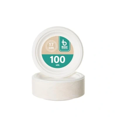 Imagen de BEST PRODUCTS 100 Platos Caña de Azúcar Desechables Ecológicos Biodegradables Compostables y Reciclables Para Fiestas Cumpleaños Comuniones Redondos Postre Blancos Ø 17 cm