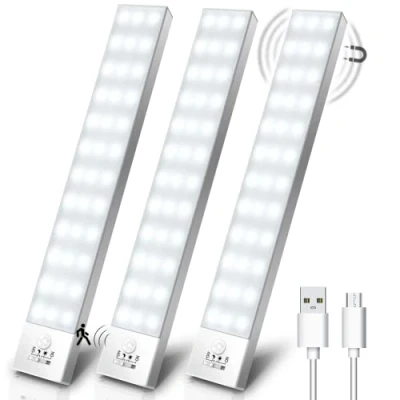 Imagen de Luz LED Armario Luces con Sensor de Movimiento Blanco Natural 4 Modos del gabinete Adhesiva Magnética USB Recargable 1000mAh Nocturna Lámpara para Sótano, Baño,Mesa cosmética 3 Piezas