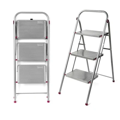 Imagen de Kleeneze KL068514EU Escalera Plegable con 3 Peldaños, 105 cm, Fácil De Plegar, Gancho Seguridad, Antiadherrente Capacidad 150 kg, Diseño Ergonómico, Ligero, Bastidor Resistente Y Sólido