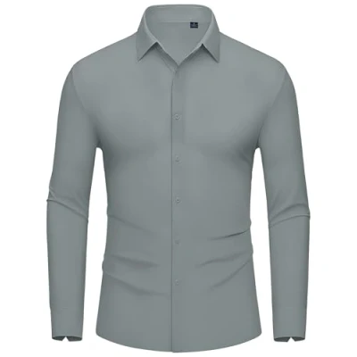 Imagen de DEMEANOR camisa elástica de manga larga para hombre, negocios, ajustada, sin planchado, informal camisas moda gris medio, XXL