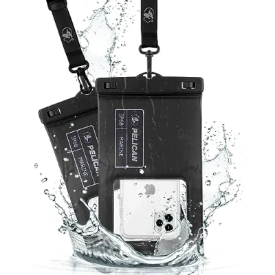 Imagen de CASE MATE Pelican Marine Paquete de 2 Fundas Impermeables IP68 (tamaño XL) Funda Flotante Impermeable para iPhone 14 Pro MAX / 13 12 11 S23 Ultra/Pixel 7 Negro sigiloso