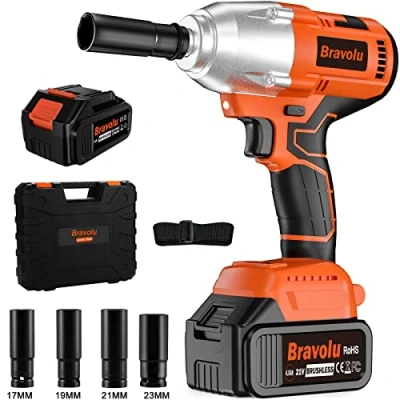 Imagen de Bravolu Llave de Impacto, 21V Brushless Pistola impacto Bateria, 700Nm Atornillador con 4,0 Ah Batería, 1/2 pulgada, 4 tomas