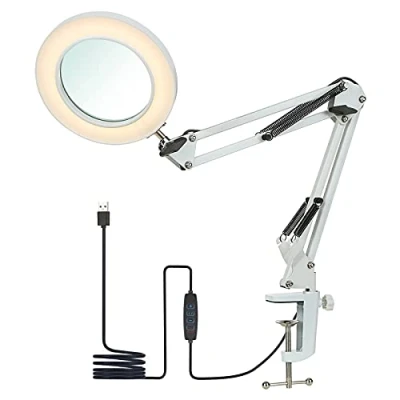 Imagen de Lámpara de Mesa con Abrazadera Flexible Lupa 8X, Brazo oscilante, LED Regulable, luz Escritorio, 3 Modos Color, 10 Niveles Brillo, Lectura, Trabajo, Estudio,