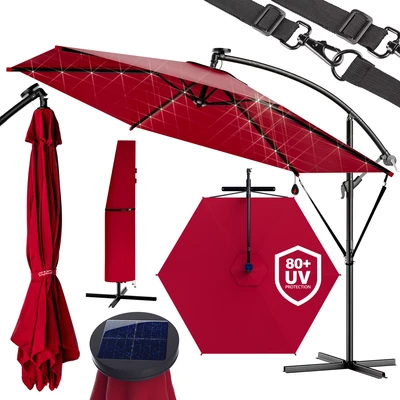 Imagen de Kingsleeve® Sombrilla de Jardín Parasol Rojo 300cm Manivela Luces LED Protección UV80+ Seguro Antiviento Funda Protectora