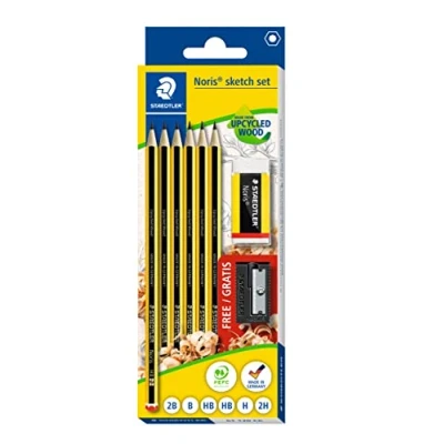 Imagen de STAEDTLER Set Dibujo Noris Juego de 6 lápices distinta graduación fabricados con madera suprarreciclada, goma borrar y afilalápices gratis, 61 120 C6