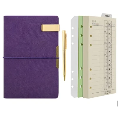 Imagen de Wonderpool Carpeta de anillas cuero para diario, cuaderno papel recargable con forro escritura, 6 anillos blocs notas viajes oficina y agenda planes (b Púrpura,A6)
