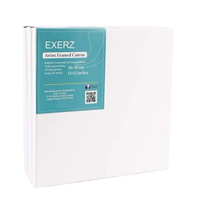 Imagen de EXERZ Lienzos preestirados 30x30cm Juego de 5 / Enmarcados/ 280GSM/Pre Estirado 100% Algodón/Color Blanco/Triple Preparado/Libre Acido/Hebra Media 1,7cm Espesor