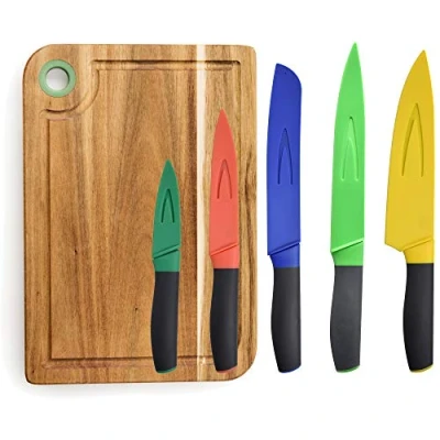 Imagen de UNITED COLORS OF BENETTON. PK2225 Set 5 Cuchillos de Cocina con Funda/Protector y Tabla Cortar 33x23x1.5cm Madera Acacia Casa Benetton, Acero Inoxidable