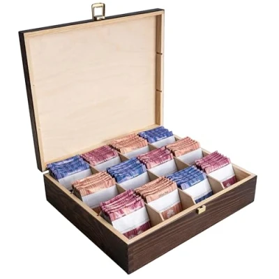 Imagen de Creative Deco Marrón Caja para Té en Bolsitas Madera Infusiones 12 Compartimentos 29 x 25 7,5 cm Varias Medidas con Tapa y Cerradura Decoupage, Decoración Almacenaje Navidad