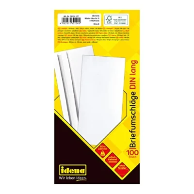 Imagen de Idena 10224 Sobres DIN largo, 75 g/m², autoadhesiva, sin ventanas, 100 piezas, mezcla FSC, blanco