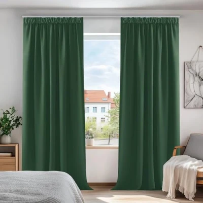 Imagen de Deconovo Cortinas Navideñas Opacas con Aislamiento Termico para Salon Oficina Hotel Decorativas Fruncidas 2 Piezas 140x260cm Verde Oscuro