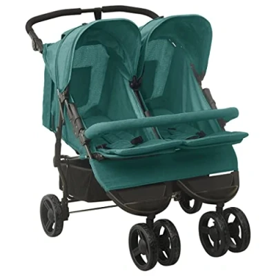 Imagen de vidaXL Carrito para Gemelos Cochecito Sillita Gemelar Silla de Paseo Canasta Niños Dosel Plegable Reposapiés Ajustable Acero Verde
