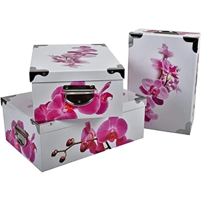Imagen de 2J Orquídea 3 Paquetes de Cajas cartón Impreso con ángulos y Asas Metal. Tamaños : 31.5x22x12, 33.5x23x13, 36x25x13.5 cm