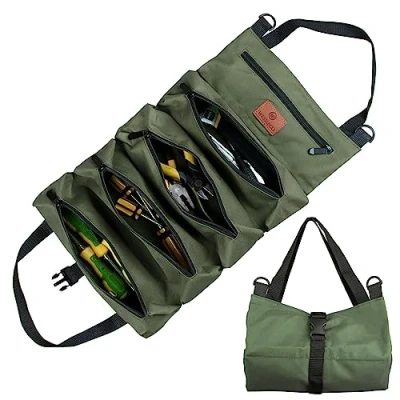 Imagen de Sinand bolsa herramientas, de lona para llaves inglesas, caja herramientas con 5 bolsillos cremallera, ideal fontaneros y electricistas (Verde)