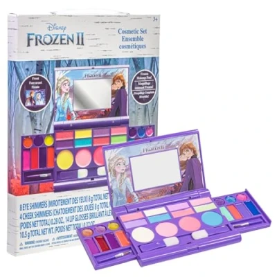 Imagen de Disney Frozen Townley Girl Set cosmético compacto con espejo 14 brillos de labios, 4 corporales, 6 pinceles, colorido, plegable, lavable, maquillaje, kit belleza para niñas.