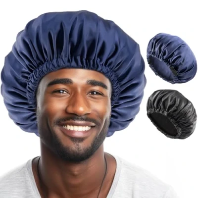 Imagen de Lolalet 2 Unidades Gorro de Satén para Dormir, Elástico Noche Sombrero Suave Seda Rizos Trenzas Hombres Negro/Azul