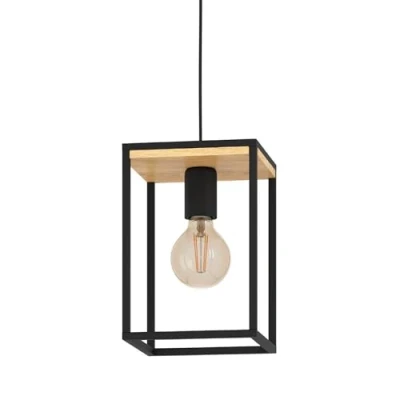 Imagen de Eglo lámpara de suspensión Libertad, iluminación colgante 1 luz, luz metal en negro y madera al natural, salón colgante, casquillo E27