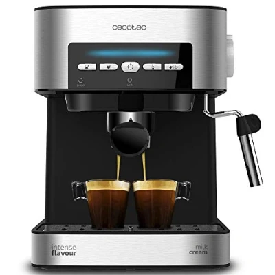 Imagen de Cecotec Cafetera express Power Espresso 20 Matic. 850 W, Bares, 1,5L, Brazo Doble Salida, Vaporizador, Superficie Calientatazas, Mandos Digitales, Acabados en Acero Inoxidable, Negro/Plata