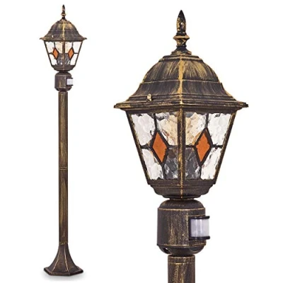 Imagen de lámpara de exterior Antibes, detector movimiento, candelabro aspecto antiguo, aluminio fundido en marrón/oro, cristales, luz camino 110 cm, jardín retro, E27, IP44, sin bombilla(s)