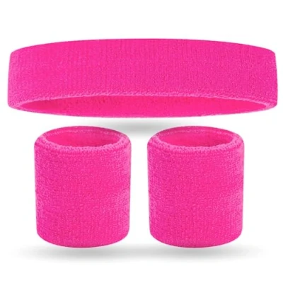 Imagen de Juego de 3 muñequeras para el sudor rosa y diadema: accesorio Vokuhila Disfraces Retro Neon Estilo 80 90 Carnaval