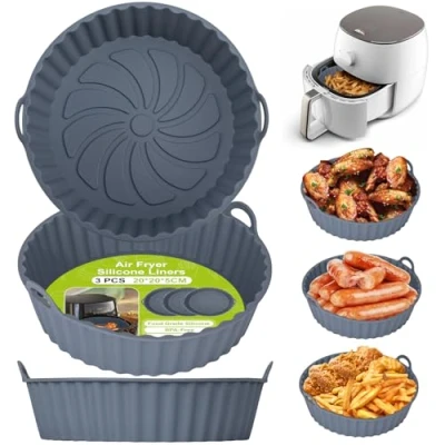 Imagen de Alyvisun Moldes Silicona Freidora de Aire, 3 Piezas Recipientes Bandeja para sin Aceite Reutilizable Redondo Utensilios Cesta Air Fryer, Microondas, Horno (Gris)