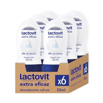Imagen de Lactovit Desodorante Extra Eficaz Invisible Men Anti Manchas, 0% Alcohol, irritaciones Y 48h De Eficacia, Roll On con Protein Calcium Pack 6 x 50 Mililitros