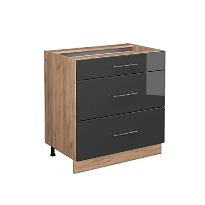 Imagen de Vicco Mueble bajo de Cocina Fame Line, Antracita Alto Brillo/Roble Dorado, 80 cm con 3 cajones, sin encimera
