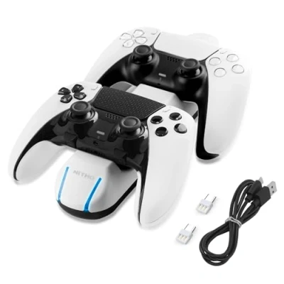 Imagen de NiTHO Estación de Carga Compatible con el Mando PS5/ Edge, Cargador para Cargar 2 Mandos PS5, Base Sin Enchufe Prolongar la Vida útil del (Blanco)