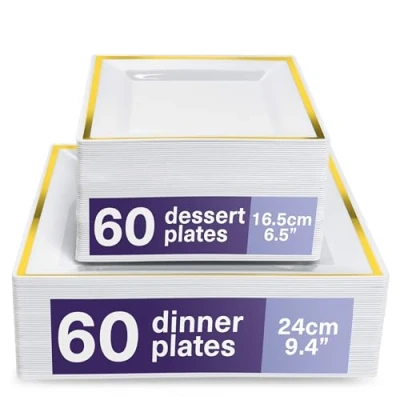 Imagen de MATANA 120 Platos de Plástico Cuadrados Blancos Premium con Borde Dorado 2 Tamaños: 24cm y 16cm Elegantes, Reutilizables Resistentes Bodas, Cumpleaños, Navidad, Fiestas