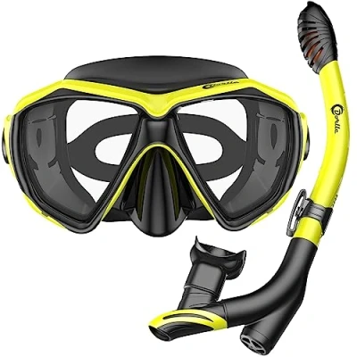 Imagen de Dorlle Máscara de Buceo Juego Snorkel con y Gafas Buceo, Impermeable antivaho antifugas Vidrio endurecido, seco Premium 3 Canales para Adultos, Negro/Amarillo