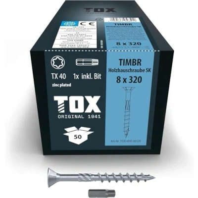 Imagen de TOX tornillos para construcción de madera TIMBR SK 8,0 x 320 mm, azul galvanizado con cabeza avellanada, TX40, 50 piezas por caja, incl. 1x broca, 1120404180320