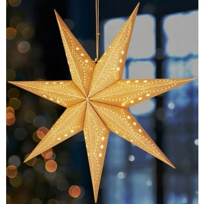 Imagen de BRUBAKER Estrella de Navidad Colgante 3D Papel para Ventana con Casquillo E14 Adviento Patrón Deco 60 cm Set Luminosa Cable 3,5 m Dorada