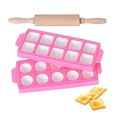 Imagen de molde para raviolis redondos, de plástico raviolis, 2 moldes (redondos + cuadrados), con 1 rodillo madera, cocinar pizza, arcilla, pasta, galletas, ñoquis